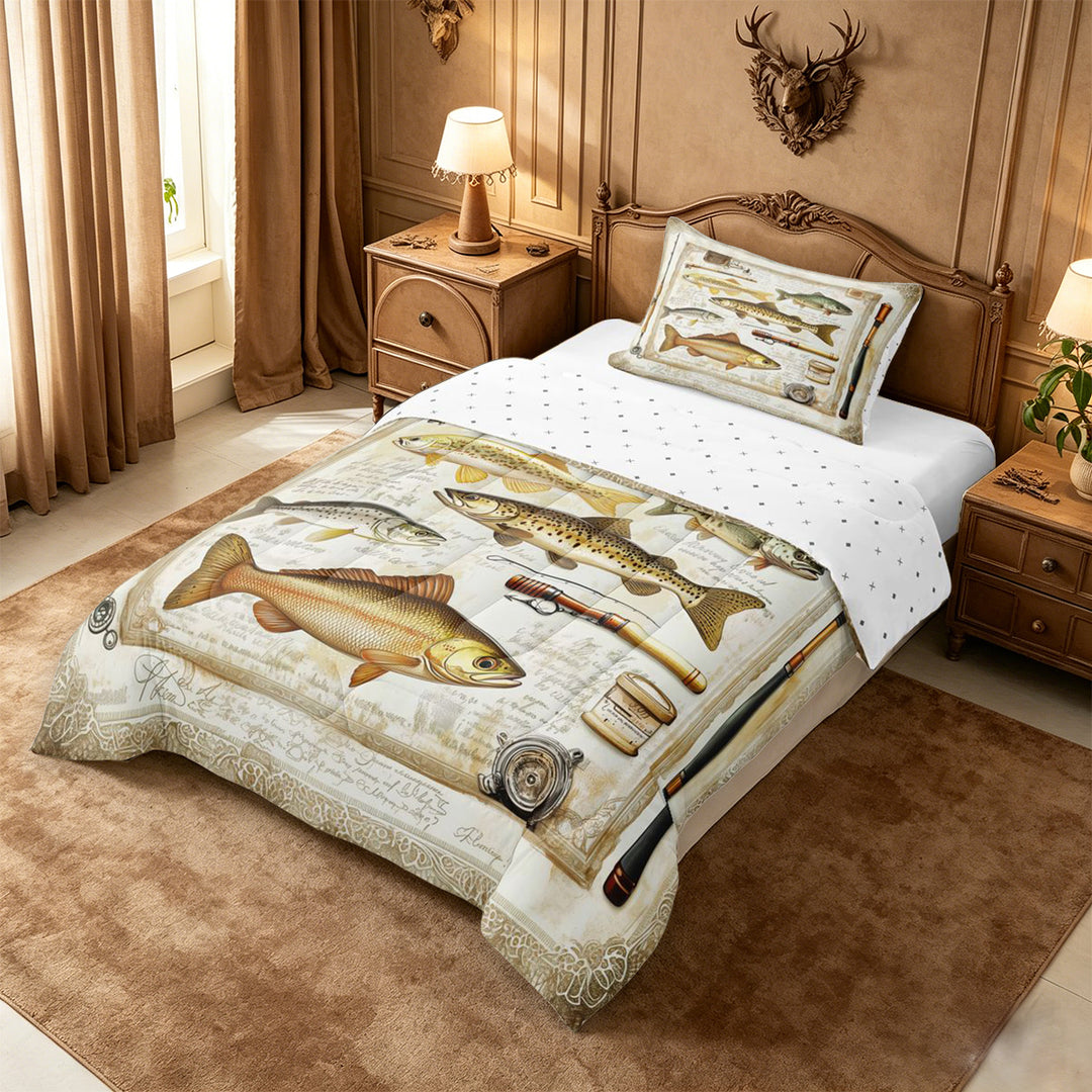 meiyoeat Retro Pike Pattern Full Size Comforter Sets For Kids,Classic Fish Art Bedding Comforter Set For Men,Reversible,3 Pieces
