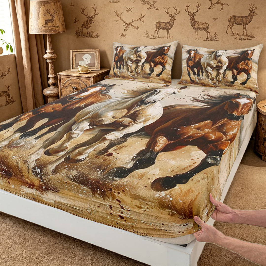 meiyoeat Vintage Horse Art King Sheets For Boys, Rustic Western Cowboys Bedding For Men,4pcs