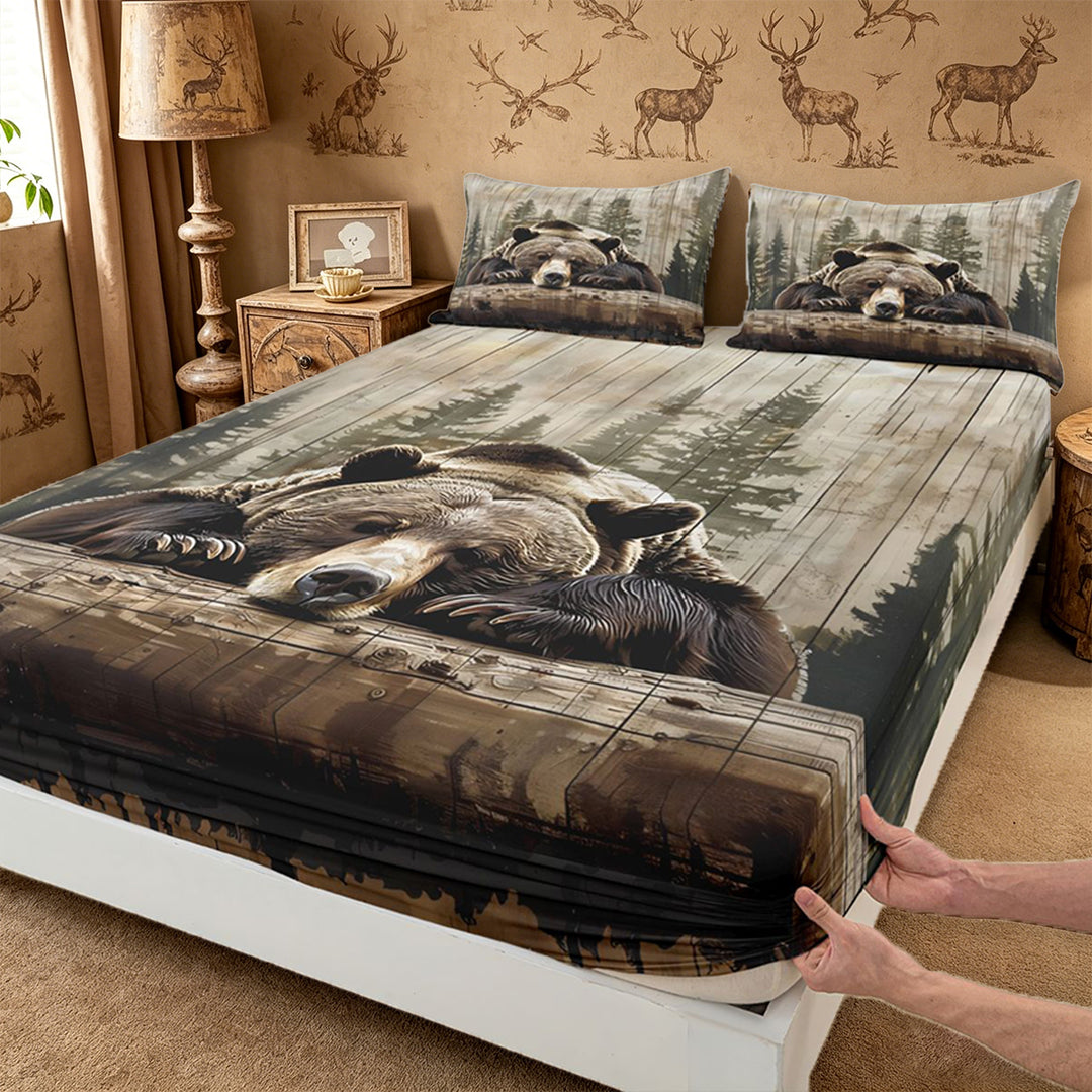 meiyoeat Rustic Bear Wood King Sheets For Boys, Vintage Farmhouse Cabin Bedding For Kids,4-Piece