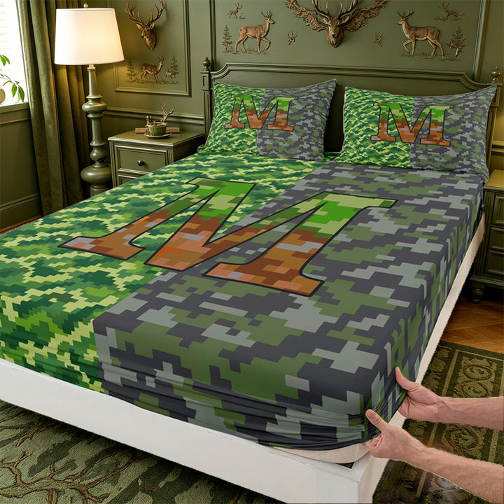 meiyoeat Pixel Gamepad Games Bed Sheets For Boys,Grid Miner Theme Initial Alphabet M Full Size Sheets,4 Pieces,1 Flat Sheet,1 Fitted Sheet and 2 Pillowcases