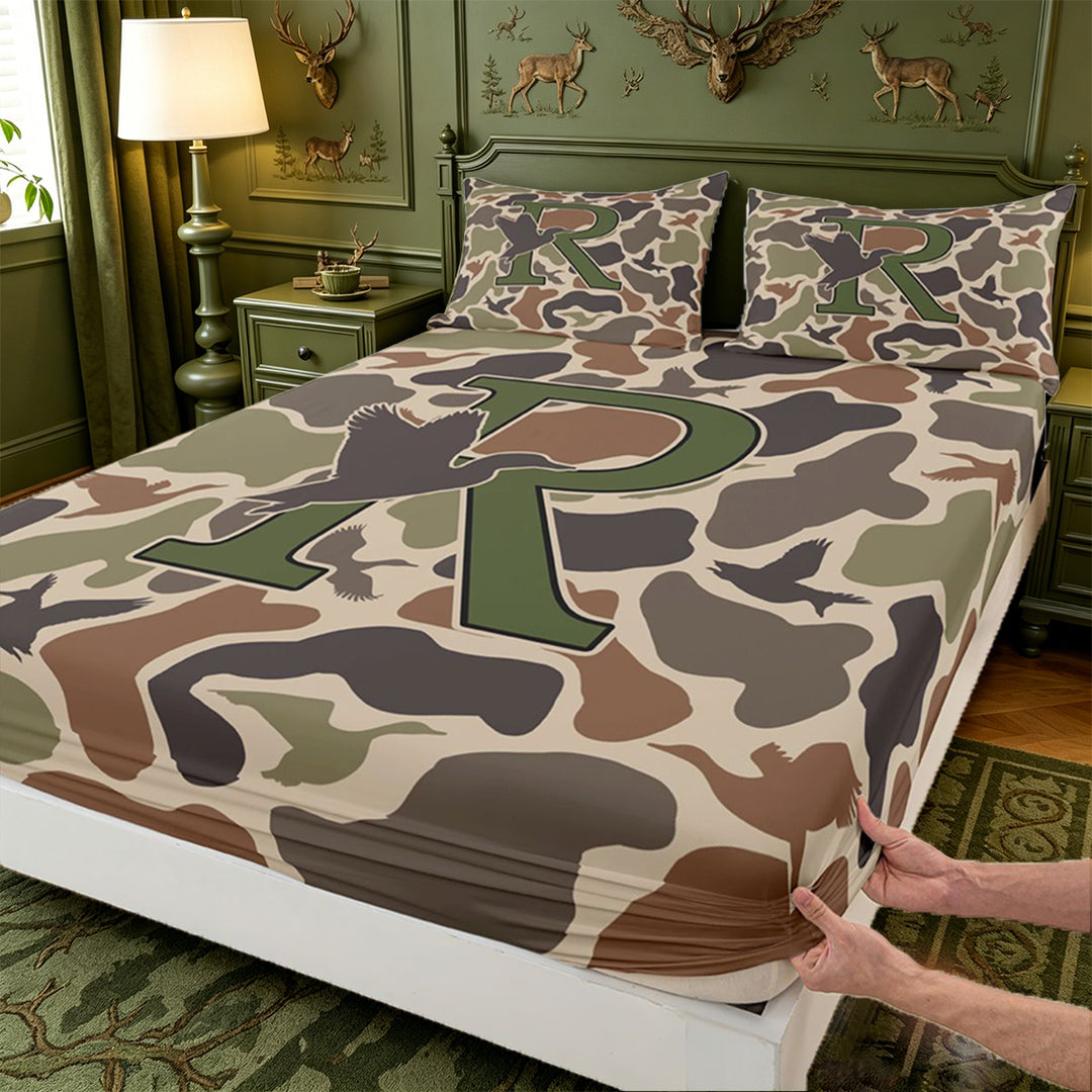 meiyoeat Hunting Themed Initial Letter R Bed Sheets For Boys,Rustic Farmhouse Camo Duck Full Size Sheets,4-Piece,1 Flat Sheet,1 Fitted Sheet and 2 Pillowcases