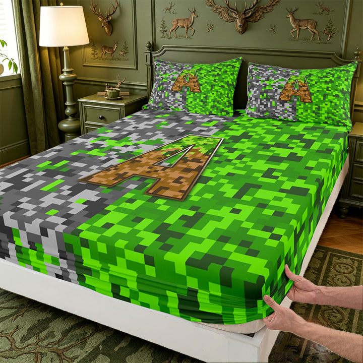 meiyoeat Classic Pixel Miner Games Bed Sheets For Boys,Monogram Letter A Full Size Sheets,4-Piece,1 Flat Sheet,1 Fitted Sheet and 2 Pillowcases