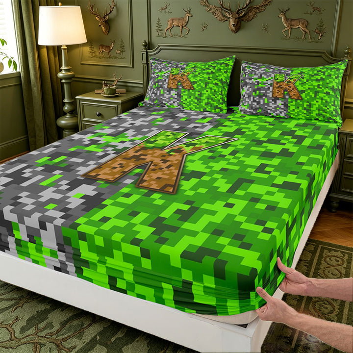 meiyoeat Miners Video Game Bed Sheets For Boys,Green Gray Pixelated Check Letter K Full Size Sheets,4 Pieces,1 Flat Sheet,1 Fitted Sheet and 2 Pillowcases