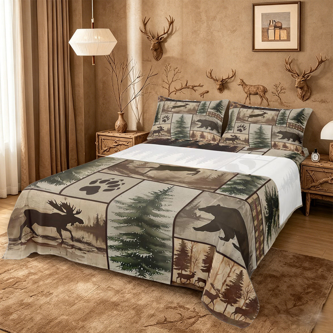 meiyoeat Rustic Farmhouse Cabin King Sheets For Boys,Jungle Wildlife Deer Bear Bedding For Kids,4pcs