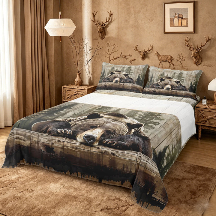 meiyoeat Rustic Bear Wood King Sheets For Boys, Vintage Farmhouse Cabin Bedding For Kids,4-Piece