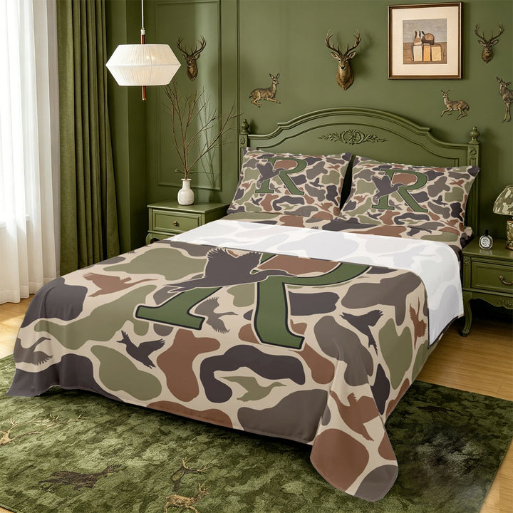 meiyoeat Hunting Themed Initial Letter R Bed Sheets For Boys,Rustic Farmhouse Camo Duck Full Size Sheets,4-Piece,1 Flat Sheet,1 Fitted Sheet and 2 Pillowcases