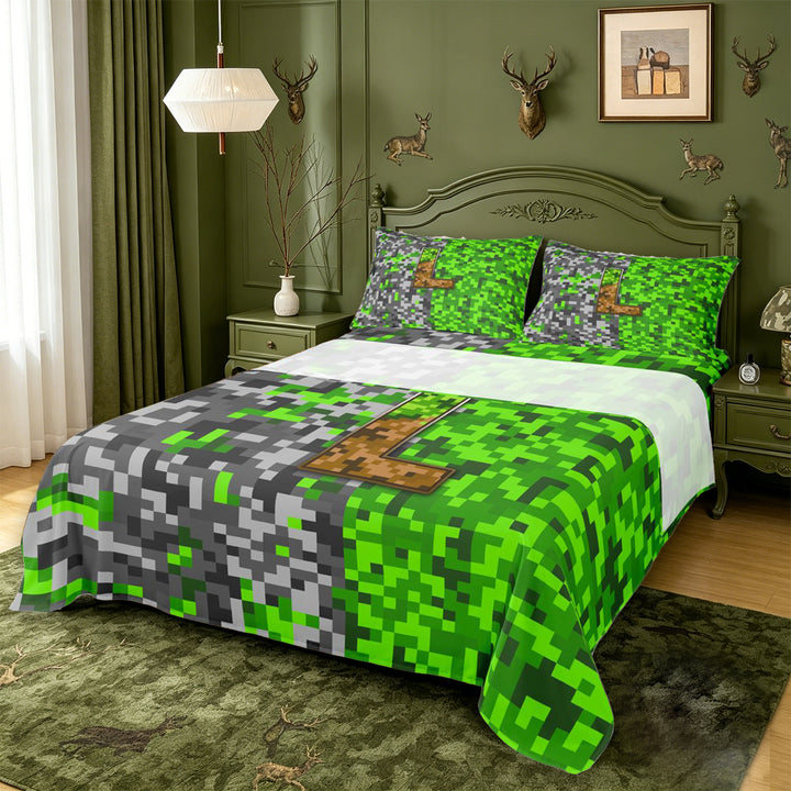 meiyoeat Teens Video Games Bed Sheets For Boys,Pixel Miner Theme Initial Latter L Full Size Sheets,4pcs,1 Flat Sheet,1 Fitted Sheet and 2 Pillowcases