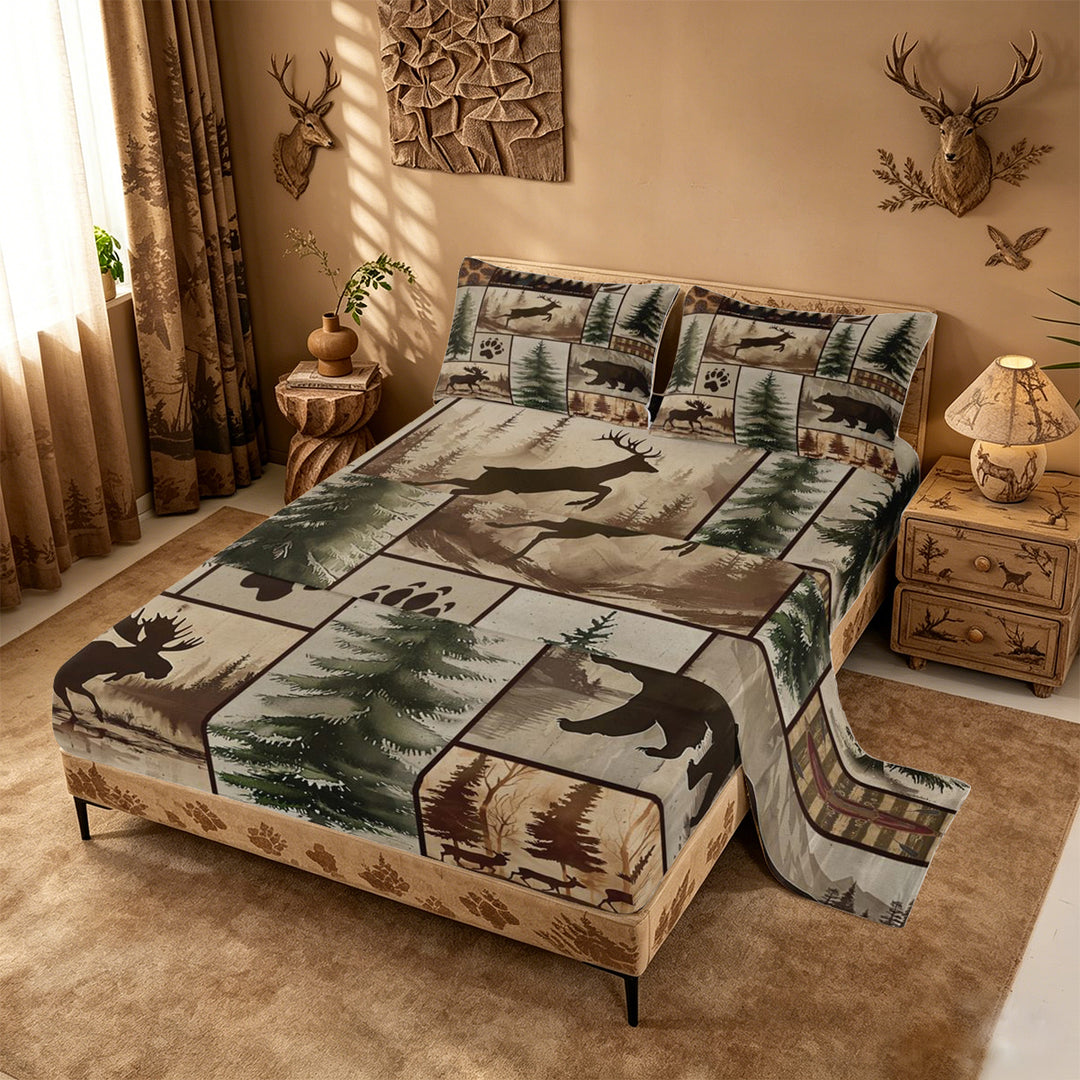 meiyoeat Rustic Farmhouse Cabin King Sheets For Boys,Jungle Wildlife Deer Bear Bedding For Kids,4pcs