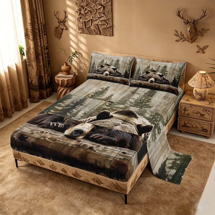 meiyoeat Rustic Bear Wood King Sheets For Boys, Vintage Farmhouse Cabin Bedding For Kids,4-Piece