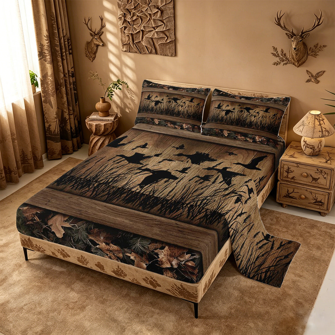 meiyoeat Wild Animal Mallard King Sheets,Rustic Camo Wood Print Bedding For Kids Boys,4 Pieces
