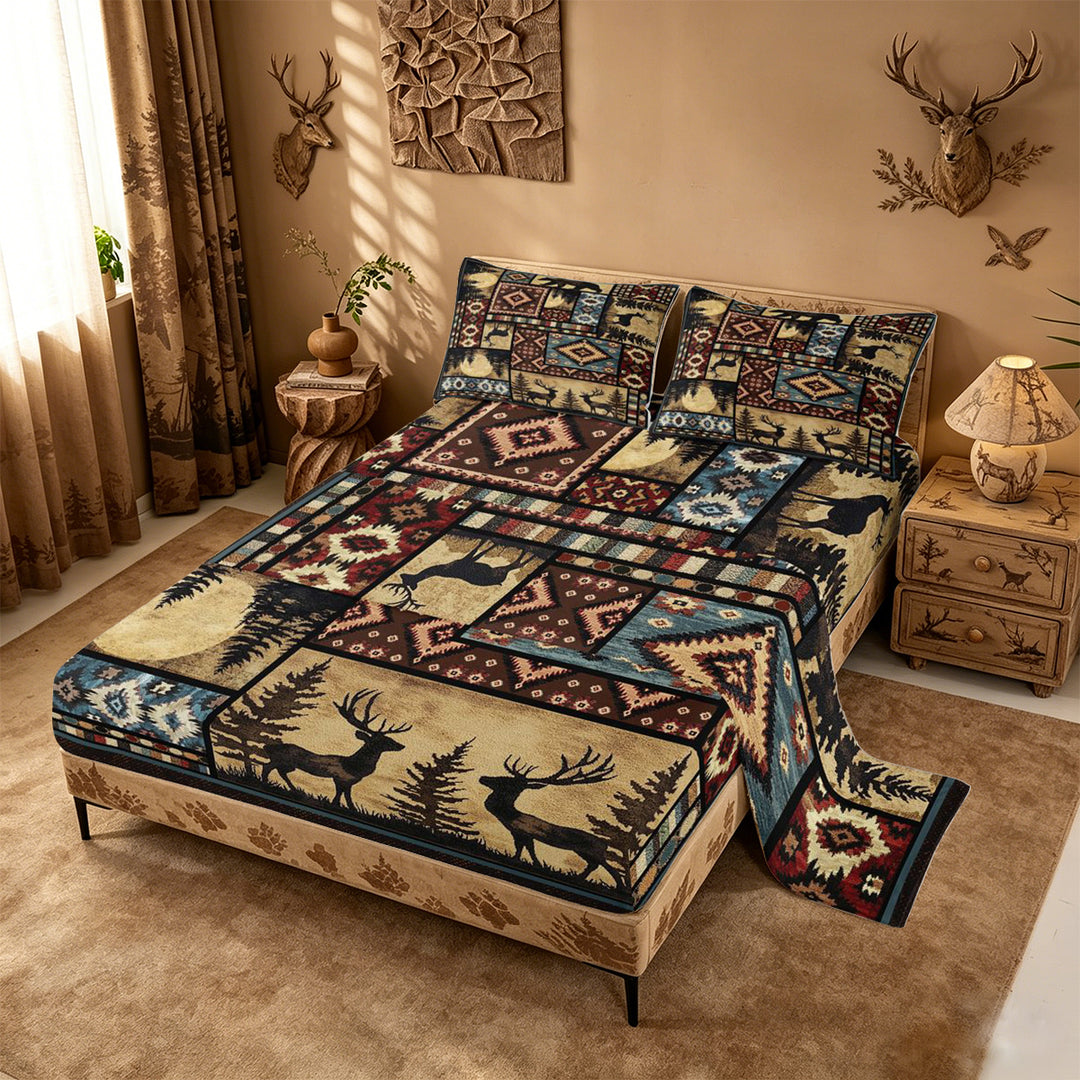 meiyoeat Southwestern Bear Deer King Sheets,Bohemian Exotic Style Aztec Geometric Bedding For Boys Kids,4 Pieces