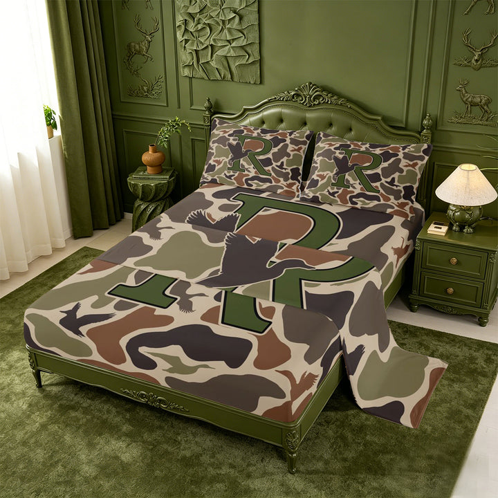 meiyoeat Hunting Themed Initial Letter R Bed Sheets For Boys,Rustic Farmhouse Camo Duck Full Size Sheets,4-Piece,1 Flat Sheet,1 Fitted Sheet and 2 Pillowcases