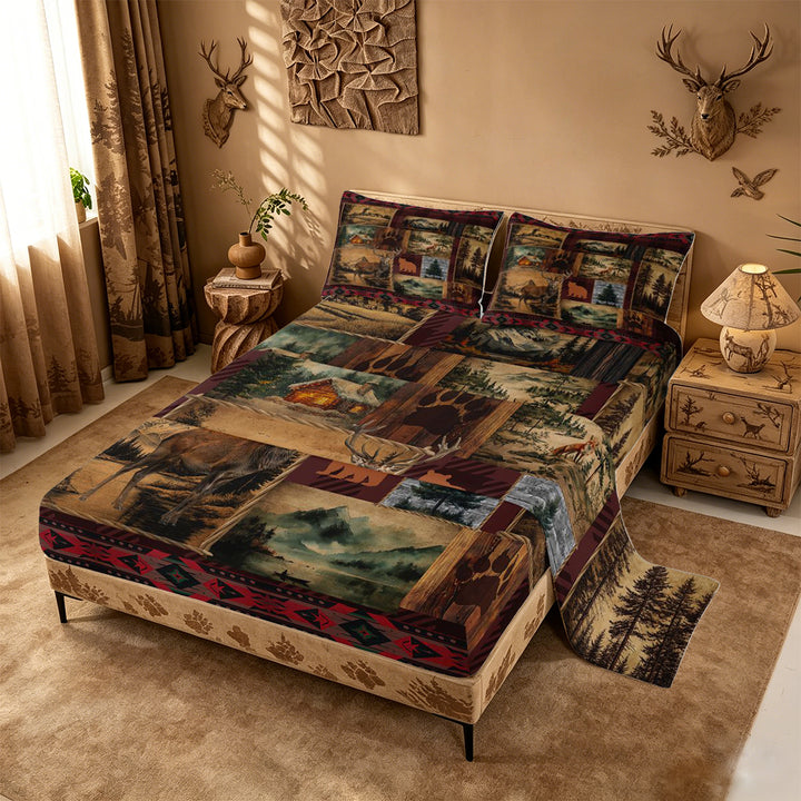 meiyoeat Rustic Cabin Deer King Sheets,Jungle Wildlife Bedding For Men Women,4-Piece