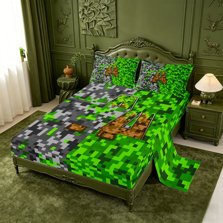 meiyoeat Classic Pixel Miner Games Bed Sheets For Boys,Monogram Letter A Full Size Sheets,4-Piece,1 Flat Sheet,1 Fitted Sheet and 2 Pillowcases