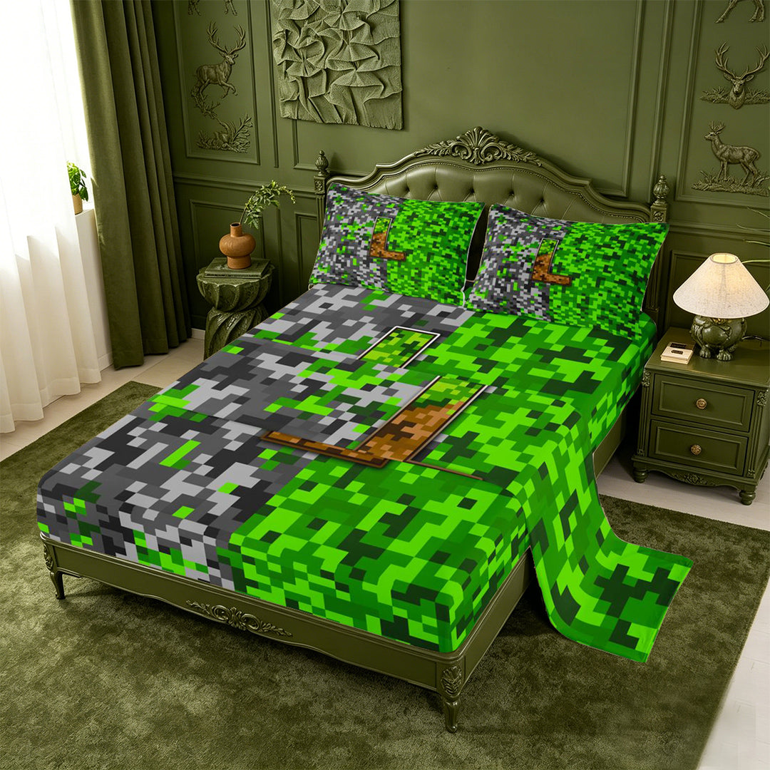 meiyoeat Teens Video Games Bed Sheets For Boys,Pixel Miner Theme Initial Latter L Full Size Sheets,4pcs,1 Flat Sheet,1 Fitted Sheet and 2 Pillowcases