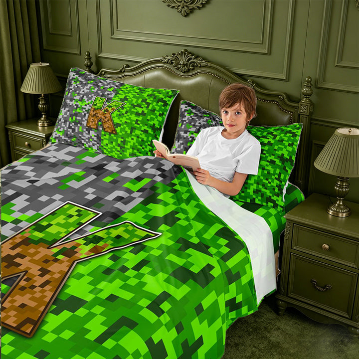 meiyoeat Miners Video Game Bed Sheets For Boys,Green Gray Pixelated Check Letter K Full Size Sheets,4 Pieces,1 Flat Sheet,1 Fitted Sheet and 2 Pillowcases