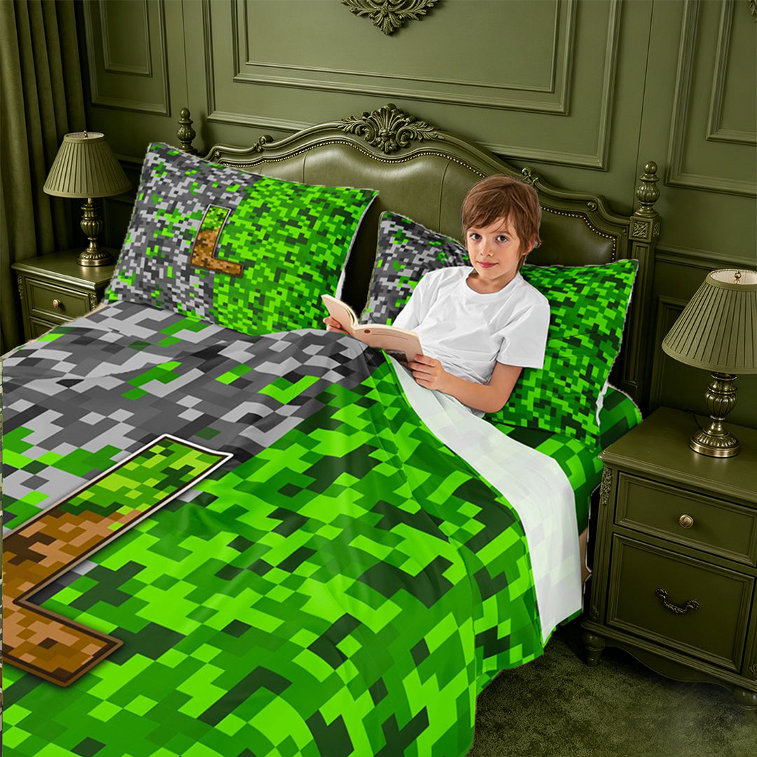 meiyoeat Teens Video Games Bed Sheets For Boys,Pixel Miner Theme Initial Latter L Full Size Sheets,4pcs,1 Flat Sheet,1 Fitted Sheet and 2 Pillowcases