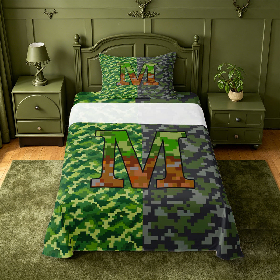 meiyoeat Pixel Gamepad Games Bed Sheets For Boys,Grid Miner Theme Initial Alphabet M Full Size Sheets,4 Pieces,1 Flat Sheet,1 Fitted Sheet and 2 Pillowcases