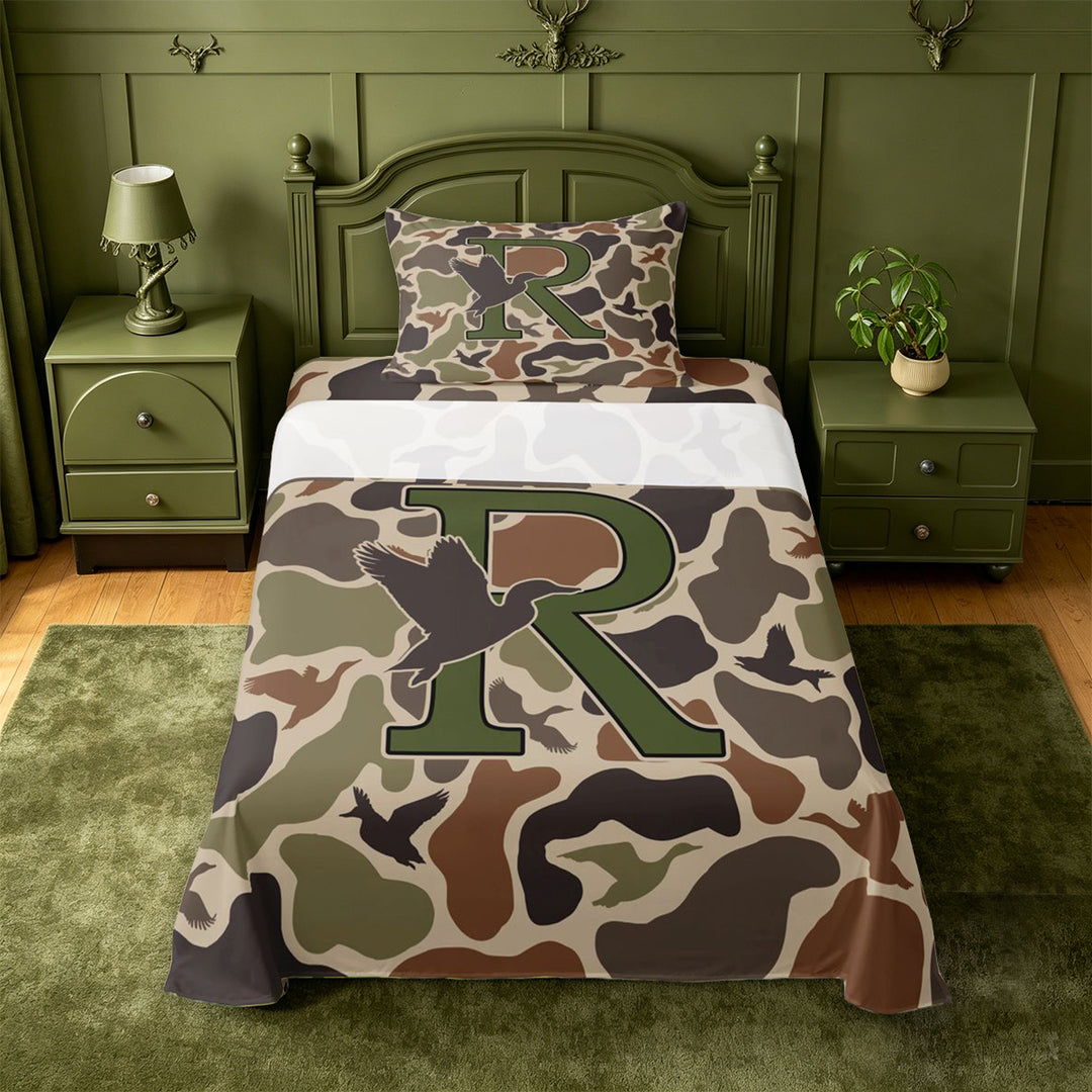 meiyoeat Hunting Themed Initial Letter R Bed Sheets For Boys,Rustic Farmhouse Camo Duck Full Size Sheets,4-Piece,1 Flat Sheet,1 Fitted Sheet and 2 Pillowcases