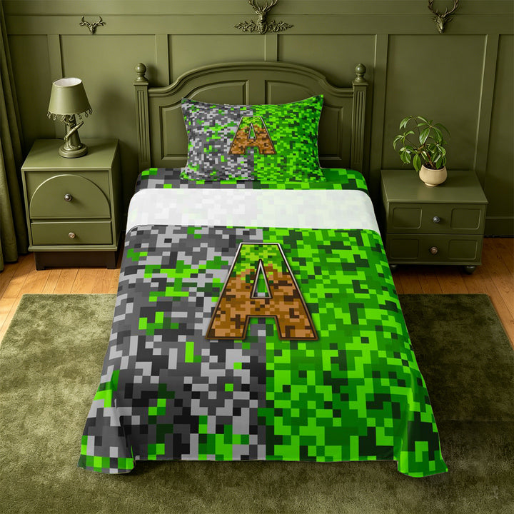 meiyoeat Classic Pixel Miner Games Bed Sheets For Boys,Monogram Letter A Full Size Sheets,4-Piece,1 Flat Sheet,1 Fitted Sheet and 2 Pillowcases
