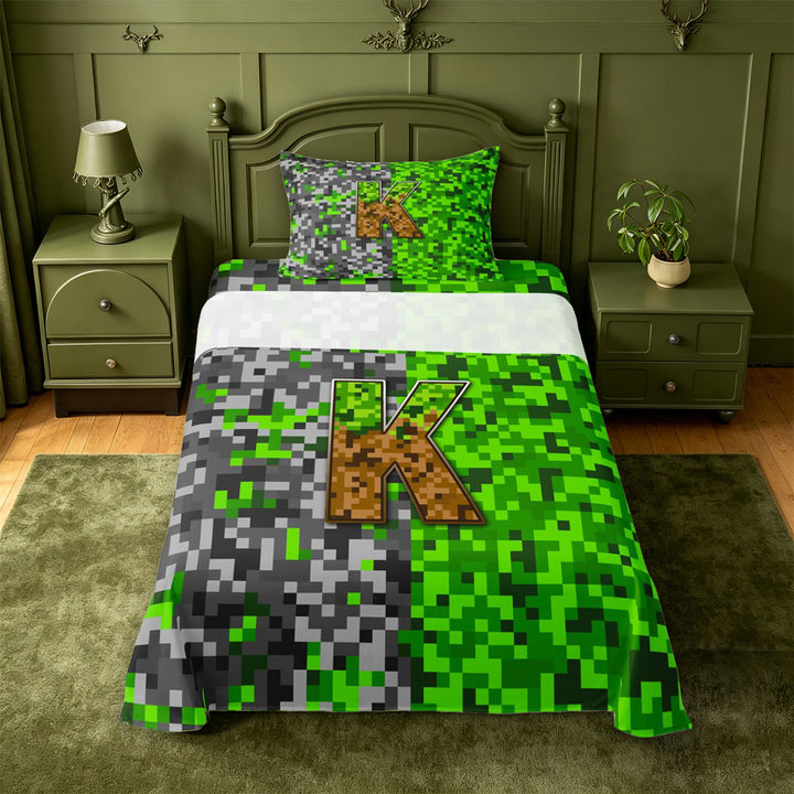 meiyoeat Miners Video Game Bed Sheets For Boys,Green Gray Pixelated Check Letter K Full Size Sheets,4 Pieces,1 Flat Sheet,1 Fitted Sheet and 2 Pillowcases