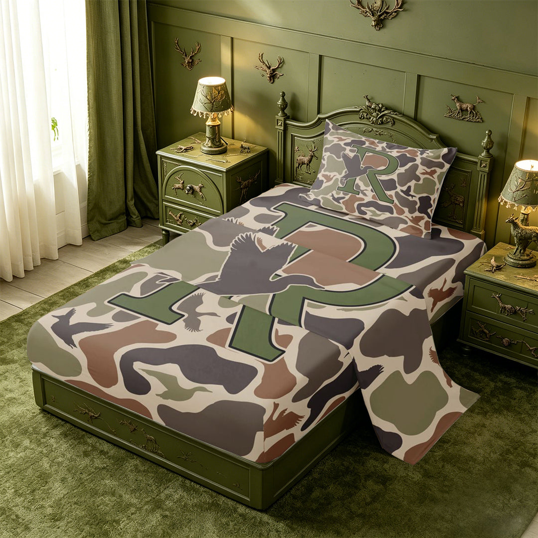 meiyoeat Hunting Themed Initial Letter R Bed Sheets For Boys,Rustic Farmhouse Camo Duck Full Size Sheets,4-Piece,1 Flat Sheet,1 Fitted Sheet and 2 Pillowcases