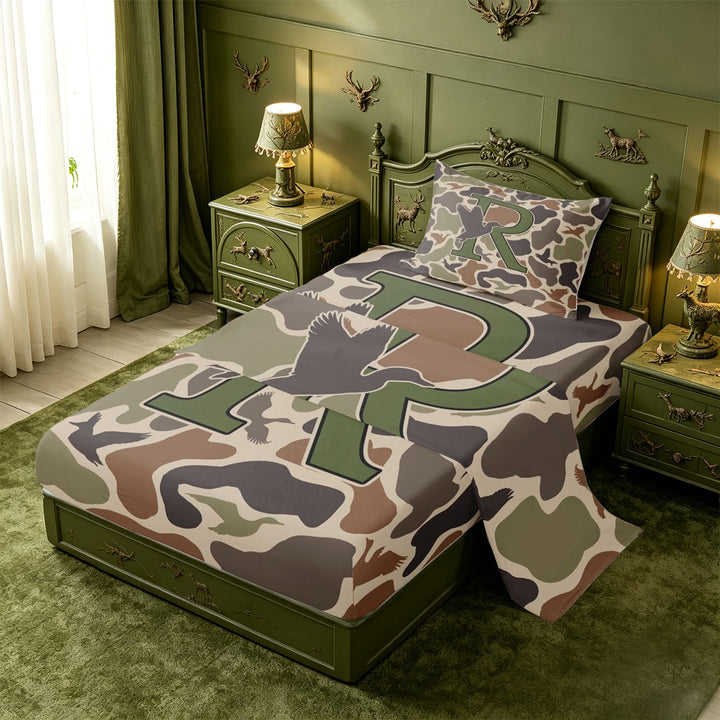 meiyoeat Hunting Themed Initial Letter R Bed Sheets For Boys,Rustic Farmhouse Camo Duck Full Size Sheets,4-Piece,1 Flat Sheet,1 Fitted Sheet and 2 Pillowcases