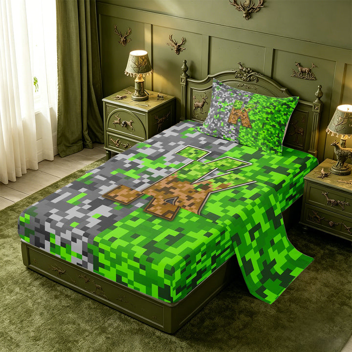 meiyoeat Miners Video Game Bed Sheets For Boys,Green Gray Pixelated Check Letter K Full Size Sheets,4 Pieces,1 Flat Sheet,1 Fitted Sheet and 2 Pillowcases