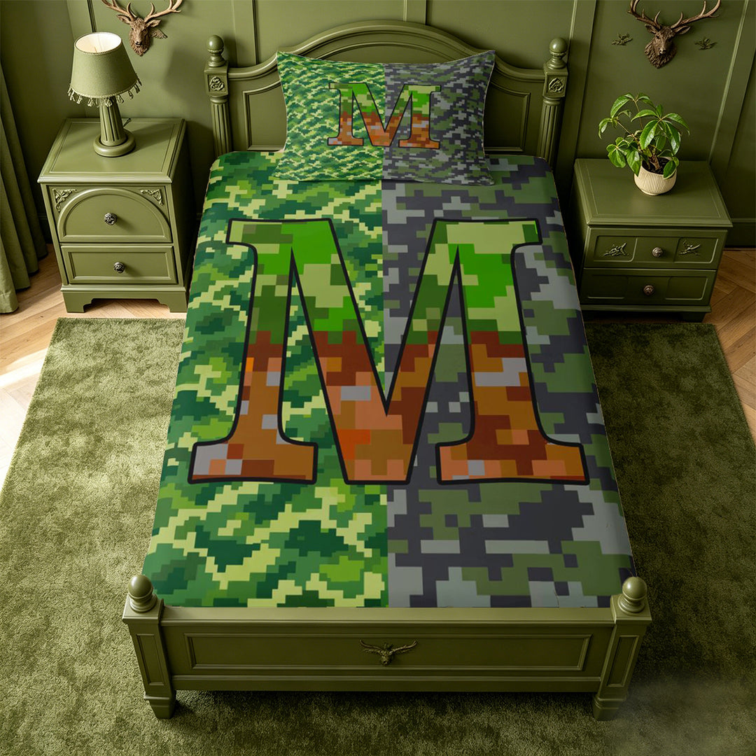 meiyoeat Pixel Gamepad Games Bed Sheets For Boys,Grid Miner Theme Initial Alphabet M Full Size Sheets,4 Pieces,1 Flat Sheet,1 Fitted Sheet and 2 Pillowcases