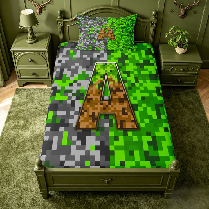 meiyoeat Classic Pixel Miner Games Bed Sheets For Boys,Monogram Letter A Full Size Sheets,4-Piece,1 Flat Sheet,1 Fitted Sheet and 2 Pillowcases