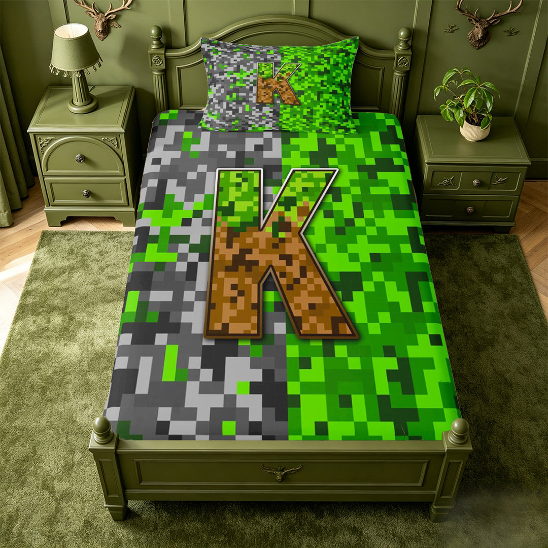 meiyoeat Miners Video Game Bed Sheets For Boys,Green Gray Pixelated Check Letter K Full Size Sheets,4 Pieces,1 Flat Sheet,1 Fitted Sheet and 2 Pillowcases