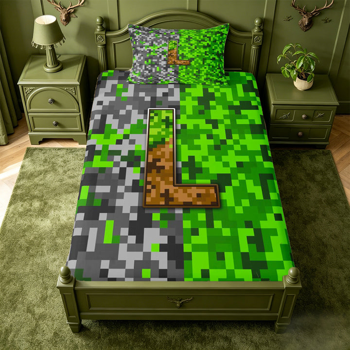 meiyoeat Teens Video Games Bed Sheets For Boys,Pixel Miner Theme Initial Latter L Full Size Sheets,4pcs,1 Flat Sheet,1 Fitted Sheet and 2 Pillowcases