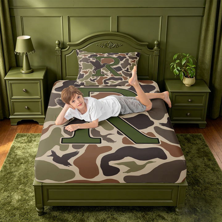 meiyoeat Hunting Themed Initial Letter R Bed Sheets For Boys,Rustic Farmhouse Camo Duck Full Size Sheets,4-Piece,1 Flat Sheet,1 Fitted Sheet and 2 Pillowcases