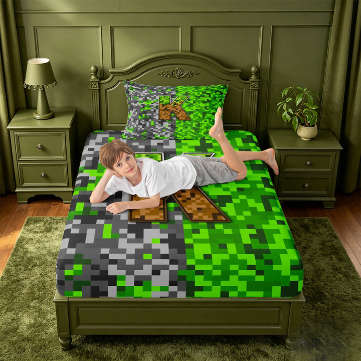 meiyoeat Miners Video Game Bed Sheets For Boys,Green Gray Pixelated Check Letter K Full Size Sheets,4 Pieces,1 Flat Sheet,1 Fitted Sheet and 2 Pillowcases