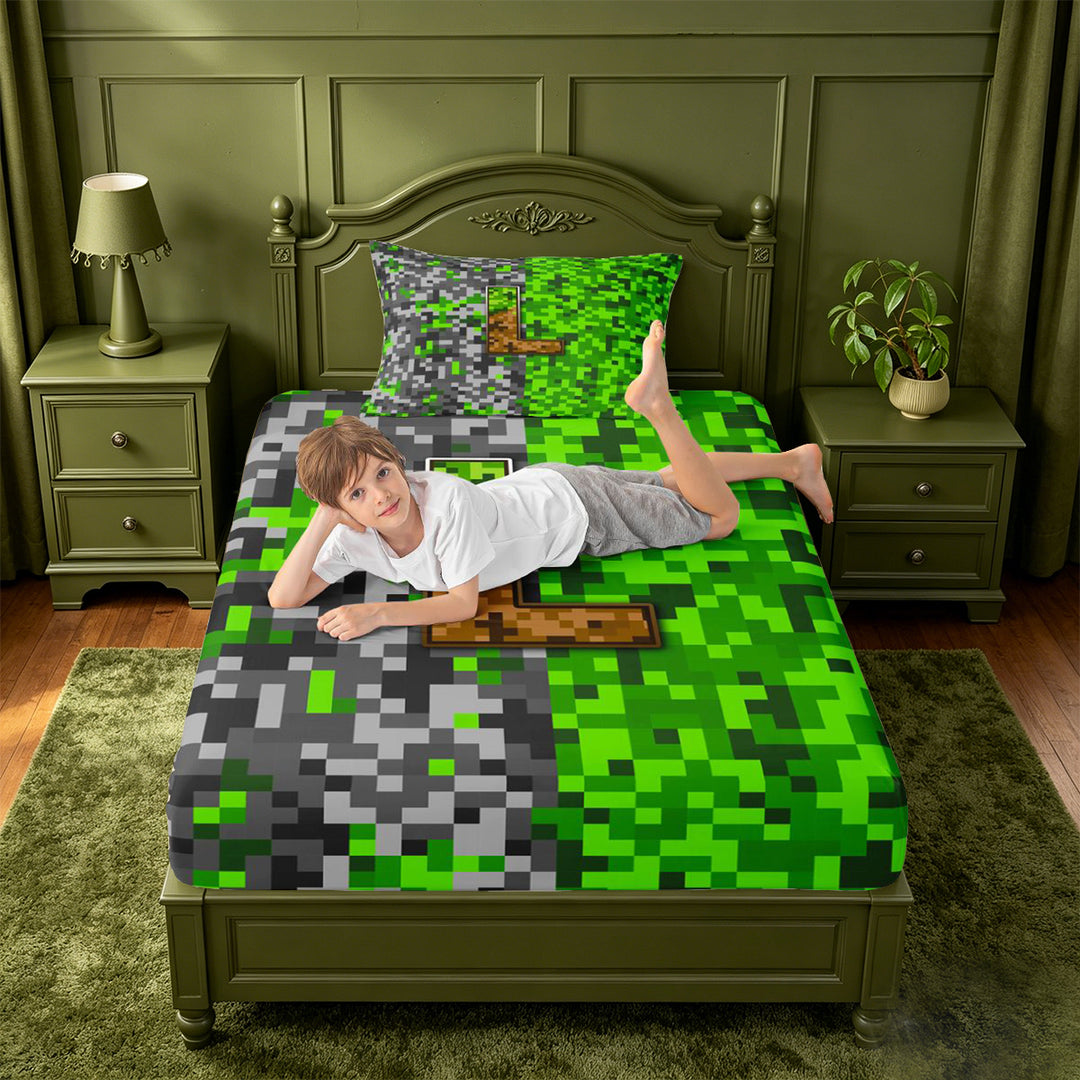 meiyoeat Teens Video Games Bed Sheets For Boys,Pixel Miner Theme Initial Latter L Full Size Sheets,4pcs,1 Flat Sheet,1 Fitted Sheet and 2 Pillowcases
