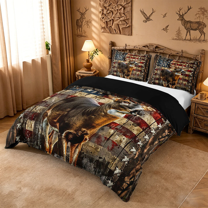 meiyoeat Vintage Flag Deer Duvet Cover King, Rustic Hunting Print King Bedding For Boys,Black Reversible,3pcs(No Comforter)