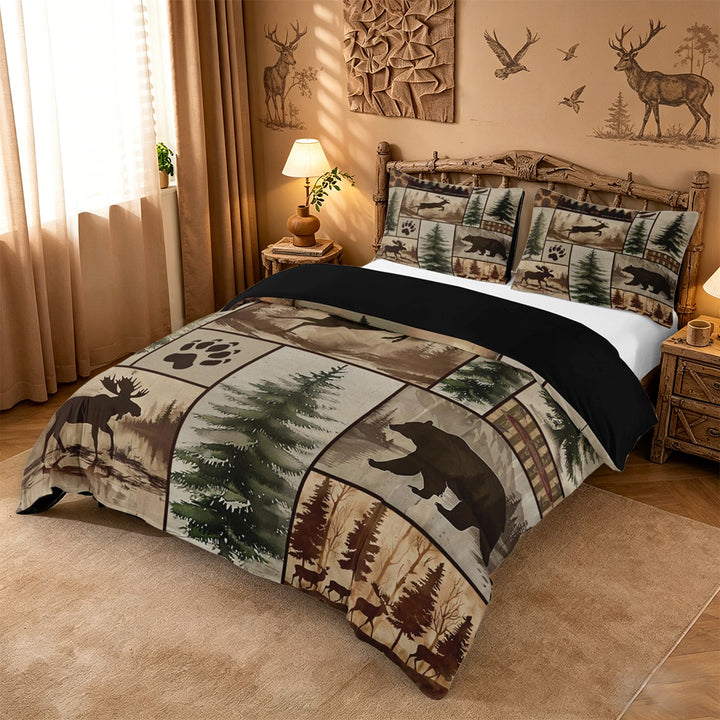 meiyoeat Rustic Farmhouse Cabin Duvet Cover King For Boys,Jungle Wildlife Deer Bear King Bedding For Kids,Black Reversible,3pcs(No Comforter)