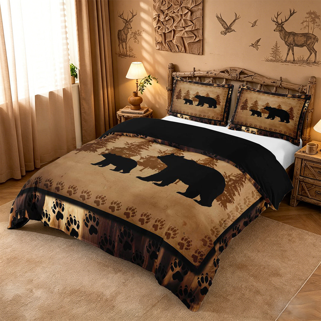 meiyoeat Vintage Bear Silhouette Duvet Cover King For Kids, Rustic Paw Print King Bedding For Men,Black Reversible,3 Pieces(No Comforter)