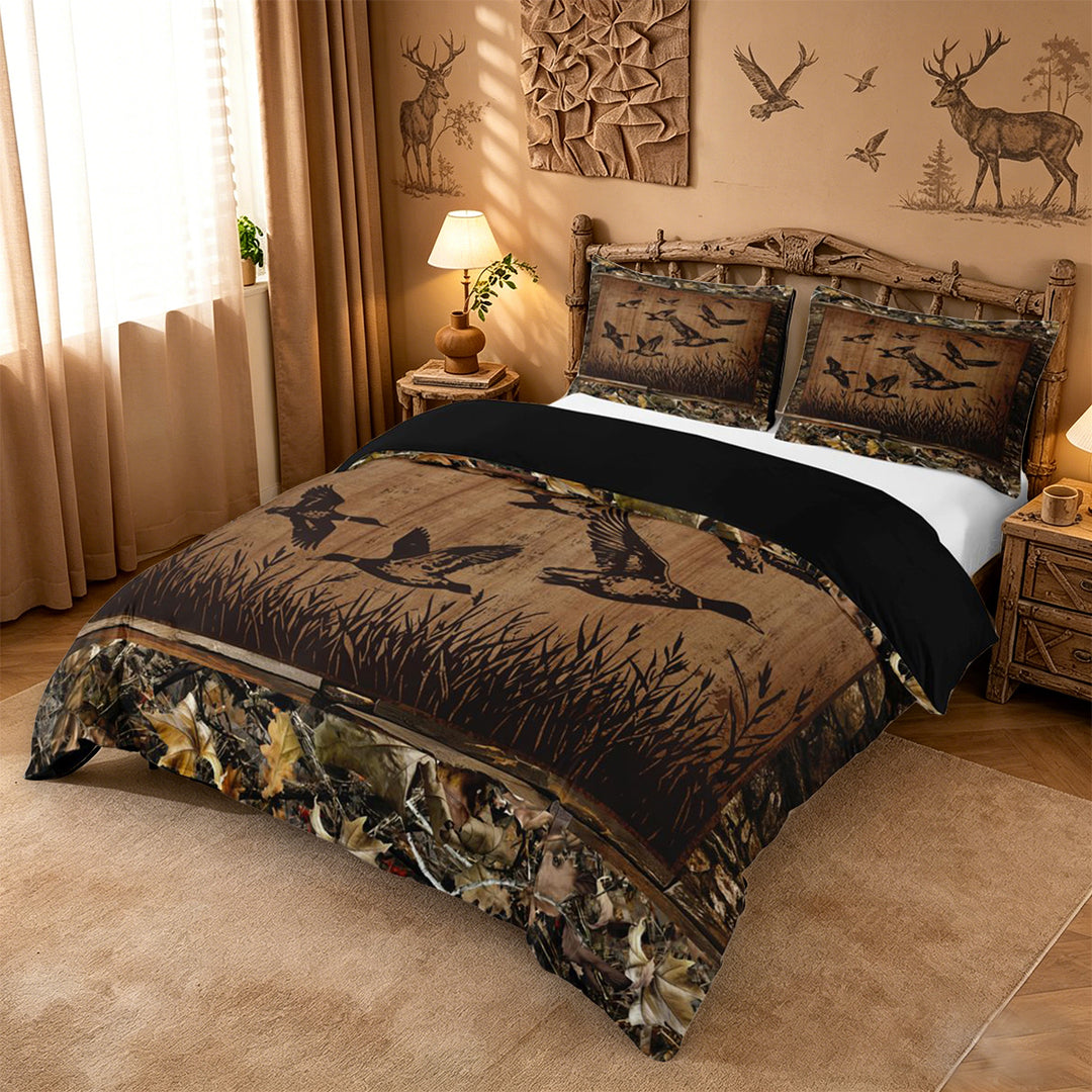 meiyoeat Rustic Duck Silhouette Duvet Cover King, Vintage Farmhouse Hunting King Bedding For Men Women,Black Reversible,3pcs(No Comforter)