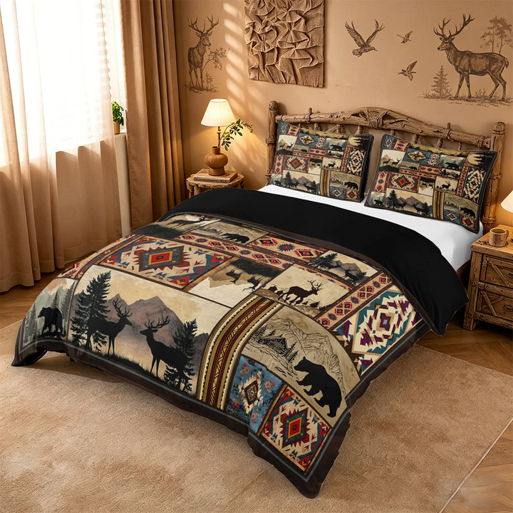 meiyoeat Retro Aztec Geometric Print Duvet Cover King For Boys,Jungle Animal Deer King Bedding For Kids,Black Reversible,3 Pieces(No Comforter)