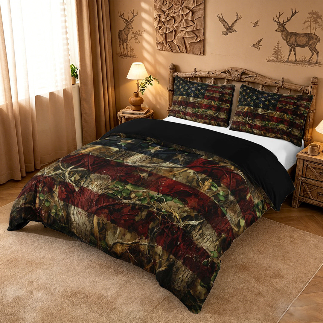 meiyoeat Camo American Flag Duvet Cover King For Kids, Rustic Wood Print King Bedding For Boys,Black Reversible,3-Piece(No Comforter)