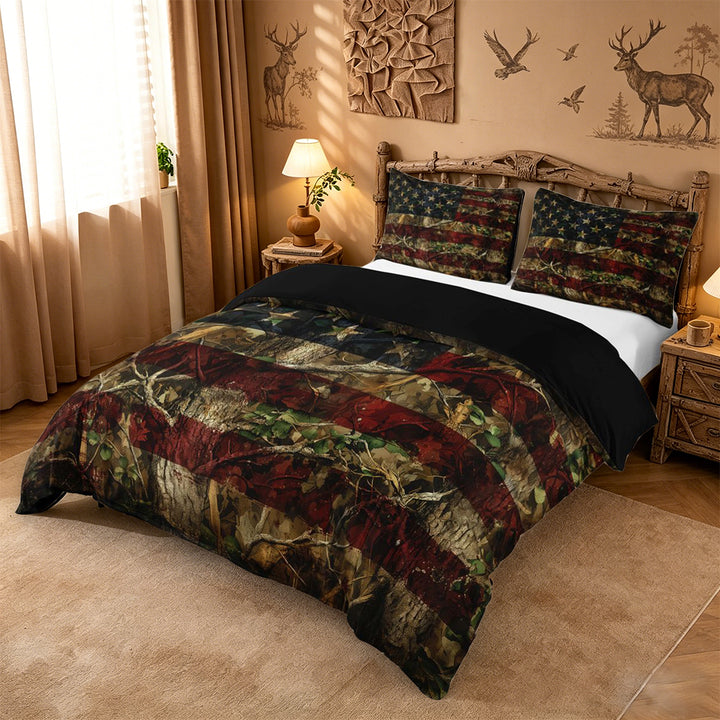 meiyoeat Camo American Flag Duvet Cover King For Kids, Rustic Wood Print King Bedding For Boys,Black Reversible,3-Piece(No Comforter)