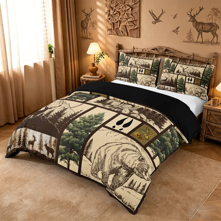 meiyoeat Retro Woodland Deer Duvet Cover King For Adults,Rustic Mountain Bear Pine King Bedding For Men,Black Reversible,3-Piece(No Comforter)