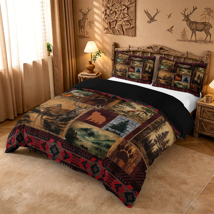 meiyoeat Rustic Cabin Deer Duvet Cover King,Jungle Wildlife King Bedding For Men Women,Black Reversible,3-Piece(No Comforter)
