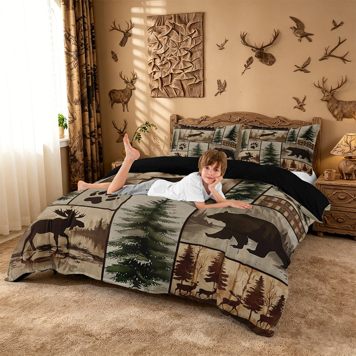 meiyoeat Rustic Farmhouse Cabin Duvet Cover King For Boys,Jungle Wildlife Deer Bear King Bedding For Kids,Black Reversible,3pcs(No Comforter)