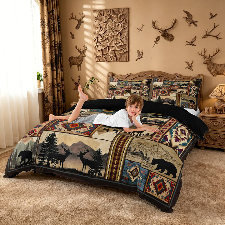 meiyoeat Retro Aztec Geometric Print Duvet Cover King For Boys,Jungle Animal Deer King Bedding For Kids,Black Reversible,3 Pieces(No Comforter)