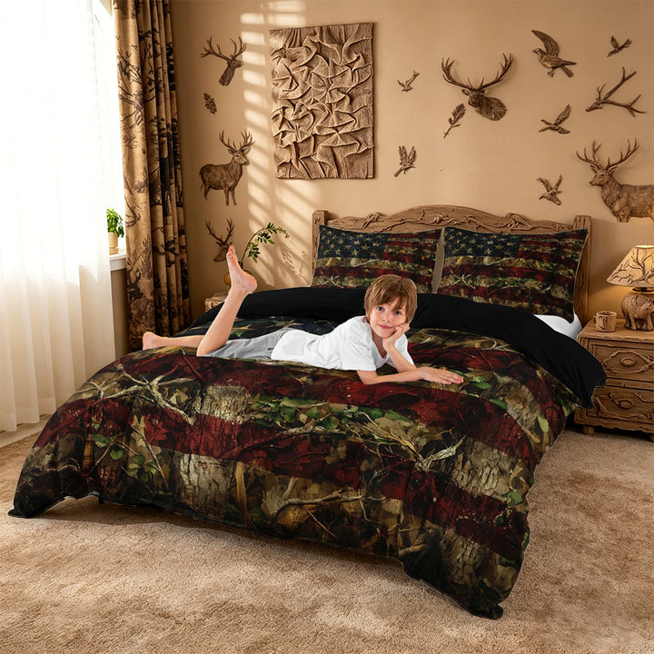 meiyoeat Camo American Flag Duvet Cover King For Kids, Rustic Wood Print King Bedding For Boys,Black Reversible,3-Piece(No Comforter)