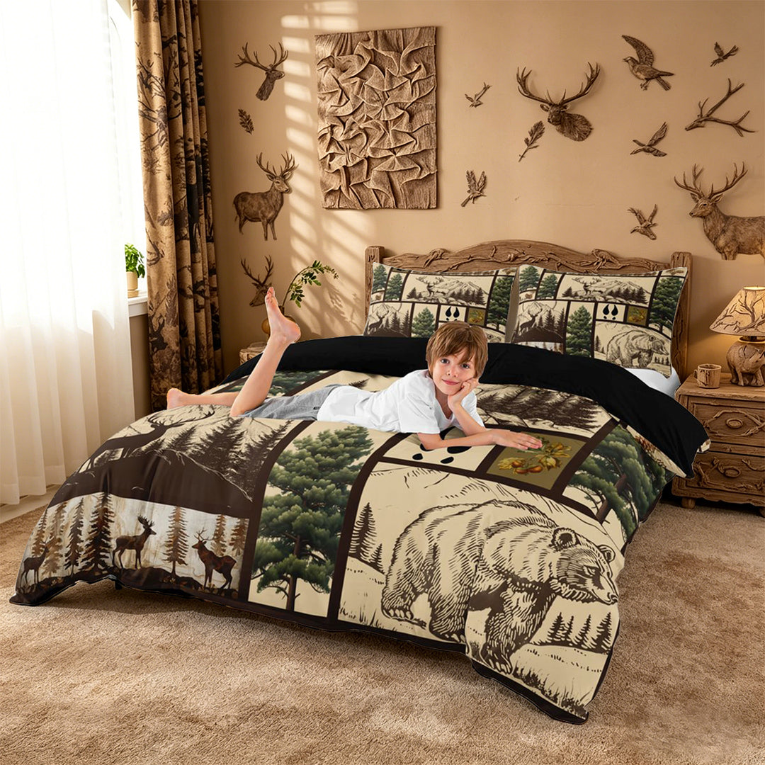 meiyoeat Retro Woodland Deer Duvet Cover King For Adults,Rustic Mountain Bear Pine King Bedding For Men,Black Reversible,3-Piece(No Comforter)
