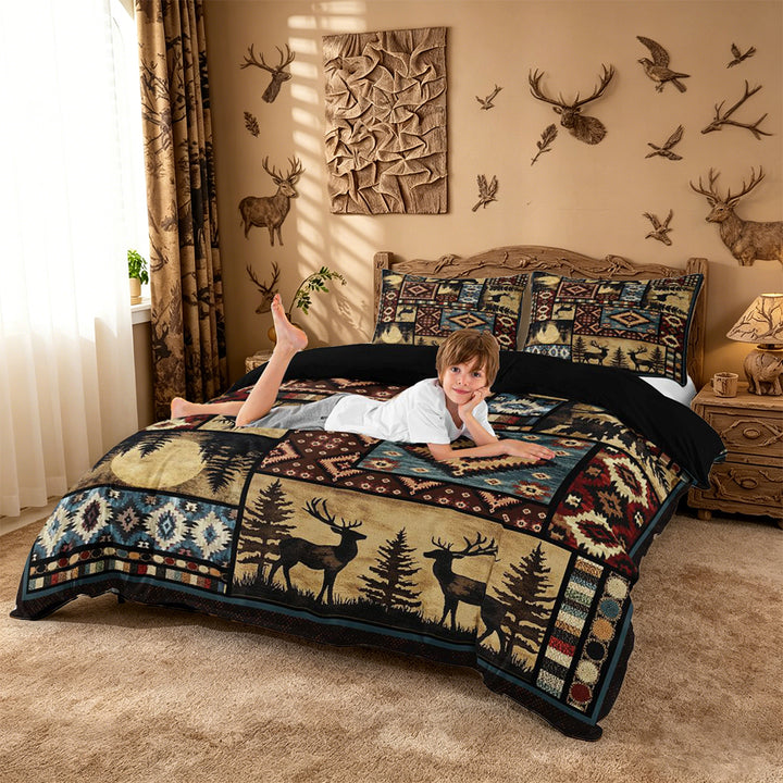 meiyoeat Southwestern Bear Deer Duvet Cover King,Bohemian Exotic Style Aztec Geometric King Bedding For Boys Kids,Black Reversible,3 Pieces(No Comforter)
