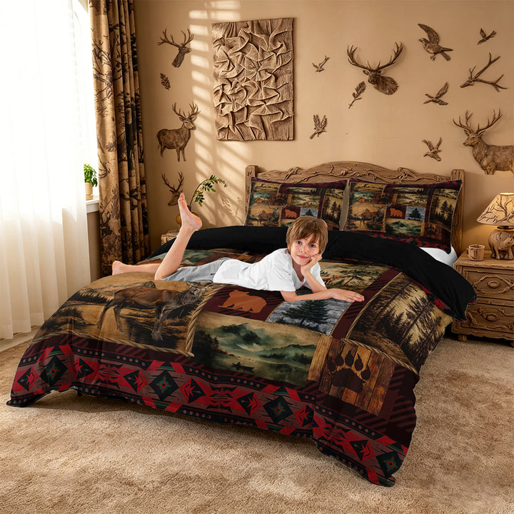 meiyoeat Rustic Cabin Deer Duvet Cover King,Jungle Wildlife King Bedding For Men Women,Black Reversible,3-Piece(No Comforter)